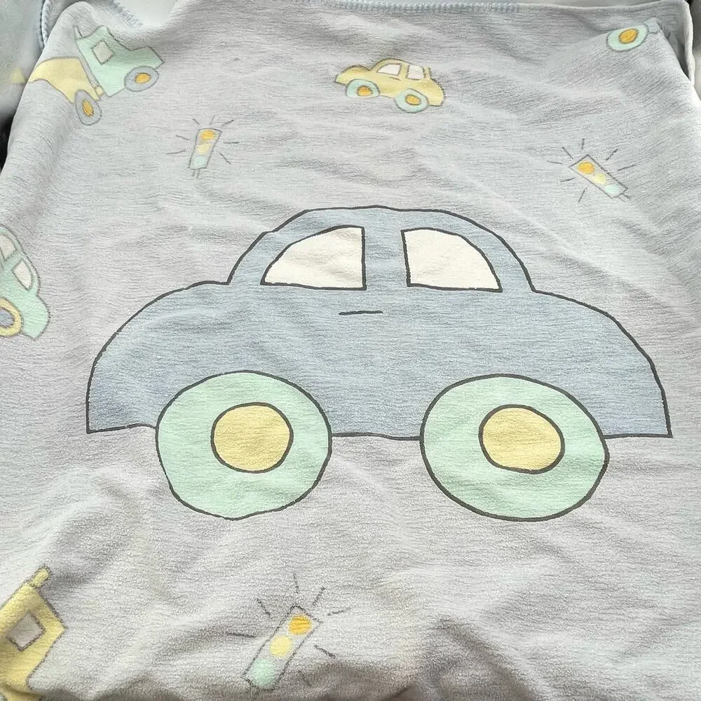 Large Kooshies Blue Car Baby Blanket Green Yellow 100% Cotton Dump Truck Vintge